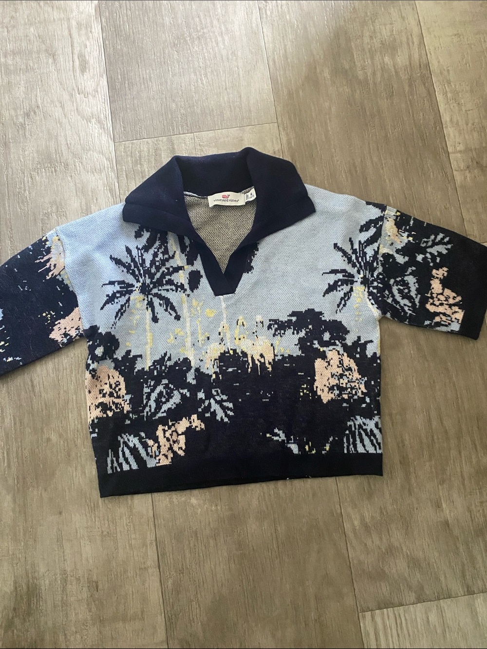Vineyard Vines Kids Palm-Print Shawl Collar Sweater in Navy & Light Blue